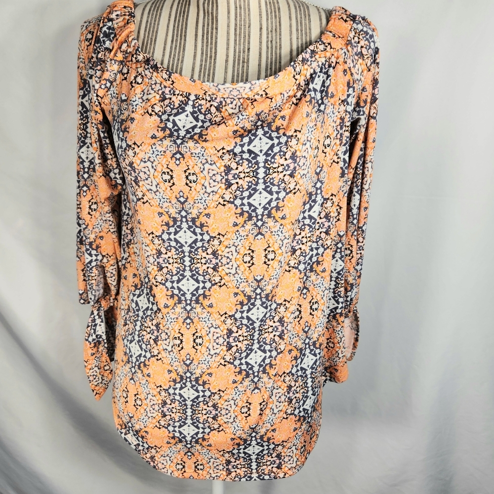 Veronica M. Orange Grey Abstract Print Off Shoulder 3/4 Sleeve Top Size Medium